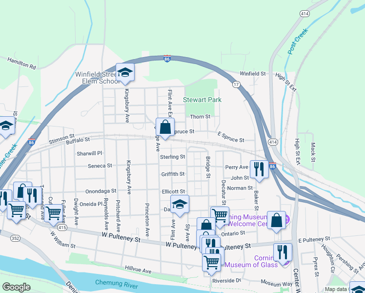 map of restaurants, bars, coffee shops, grocery stores, and more near 30 West Sycamore Street in Corning