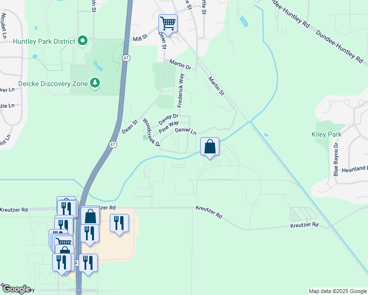 map of restaurants, bars, coffee shops, grocery stores, and more near 11725 Woodcreek Drive East in Huntley