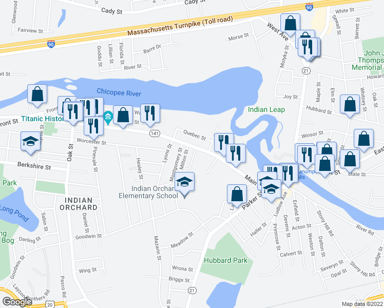 map of restaurants, bars, coffee shops, grocery stores, and more near 12 Beaudry Avenue in Springfield