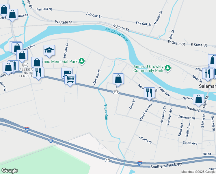 map of restaurants, bars, coffee shops, grocery stores, and more near 402 Broad Street in Salamanca