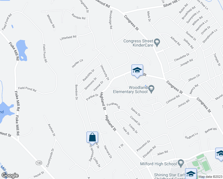 map of restaurants, bars, coffee shops, grocery stores, and more near 3 Annie J Circle in Milford