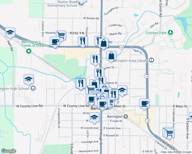 map of restaurants, bars, coffee shops, grocery stores, and more near 114 West Liberty Street in Barrington