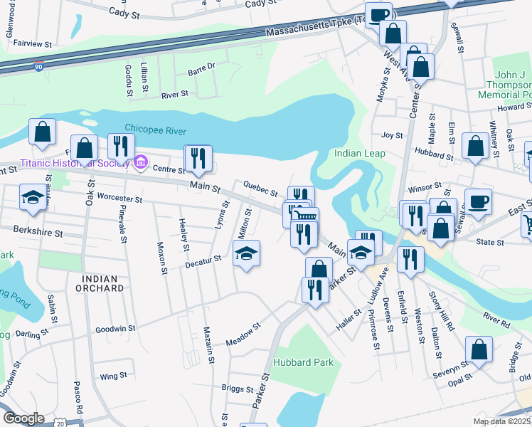 map of restaurants, bars, coffee shops, grocery stores, and more near 391 Main Street in Springfield