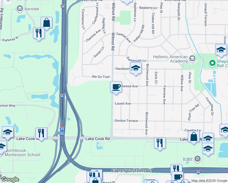 map of restaurants, bars, coffee shops, grocery stores, and more near 1580 Samanthas Way in Deerfield