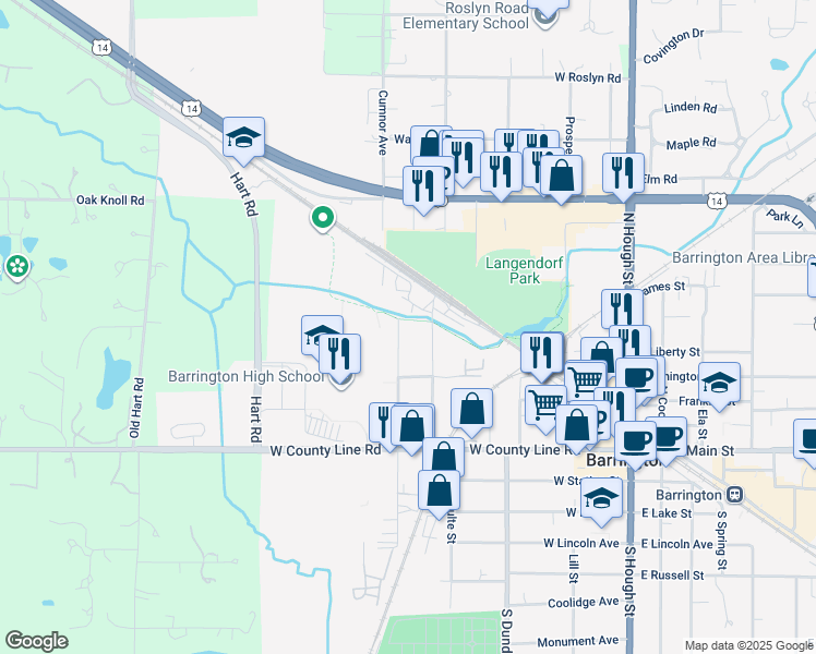 map of restaurants, bars, coffee shops, grocery stores, and more near 234 Raymond Avenue in Barrington
