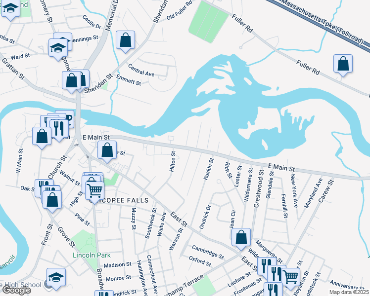 map of restaurants, bars, coffee shops, grocery stores, and more near 372 East Main Street in Chicopee