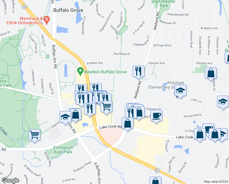 map of restaurants, bars, coffee shops, grocery stores, and more near 309 Woodstone Circle in Buffalo Grove