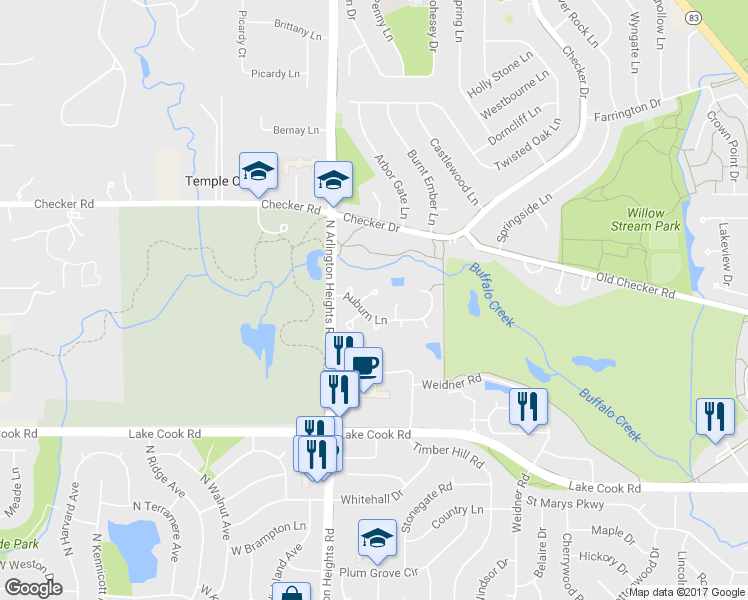 map of restaurants, bars, coffee shops, grocery stores, and more near 287 Ashland Court in Buffalo Grove