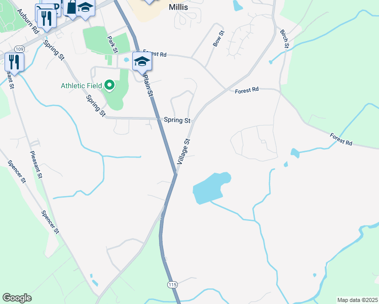 map of restaurants, bars, coffee shops, grocery stores, and more near 166 Village Street in Millis