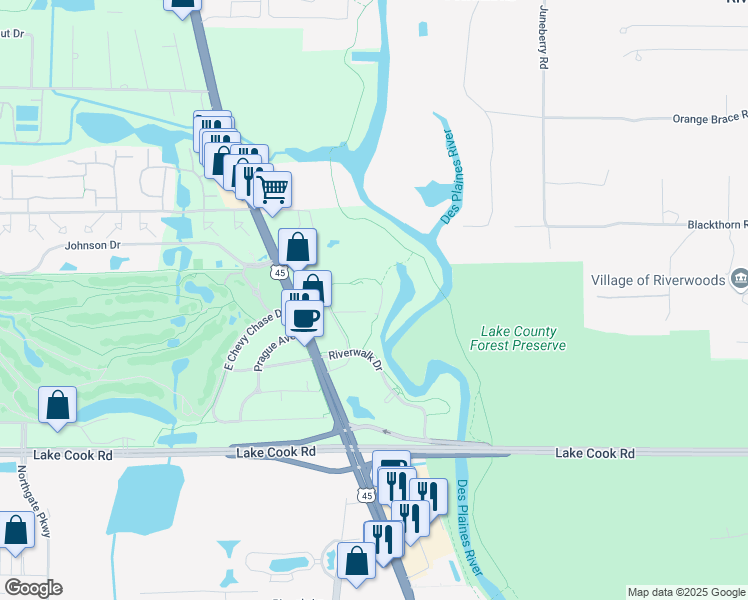 map of restaurants, bars, coffee shops, grocery stores, and more near 301 North Riverwalk Drive in Buffalo Grove