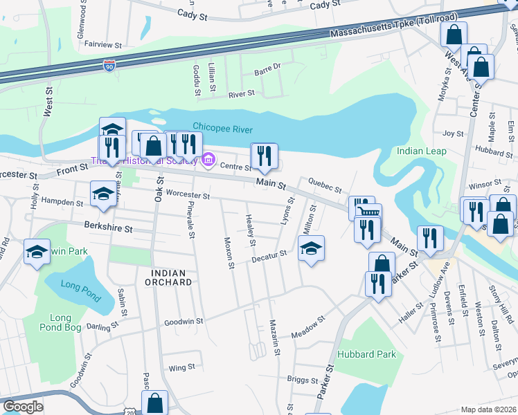map of restaurants, bars, coffee shops, grocery stores, and more near 32 Montcalm Street in Springfield