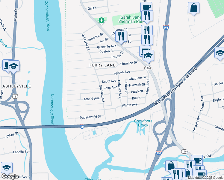 map of restaurants, bars, coffee shops, grocery stores, and more near 13 Dix Avenue in Chicopee
