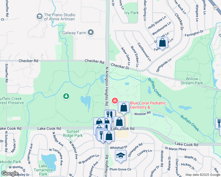 map of restaurants, bars, coffee shops, grocery stores, and more near 238 Thornapple Court in Buffalo Grove