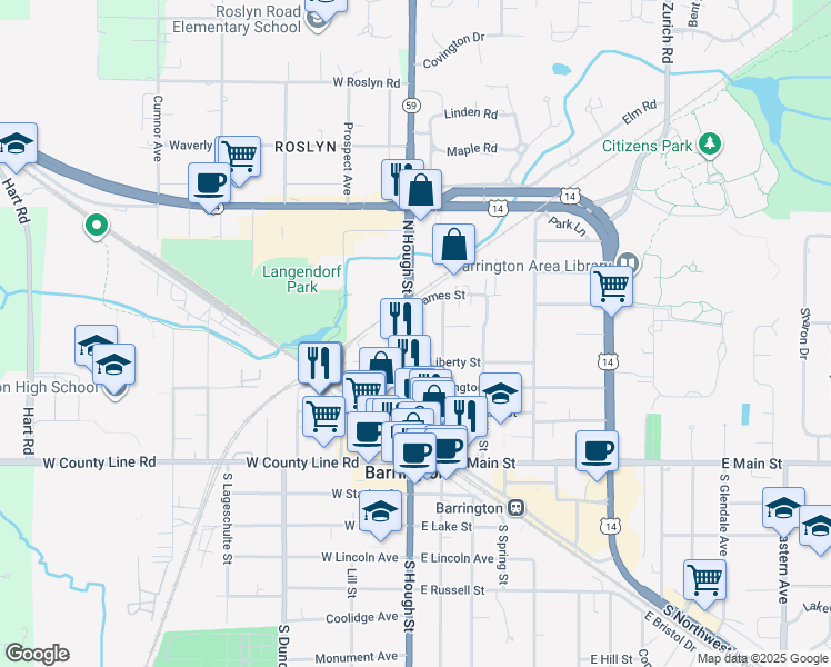 map of restaurants, bars, coffee shops, grocery stores, and more near in Barrington