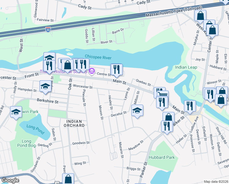 map of restaurants, bars, coffee shops, grocery stores, and more near 32 Montcalm Street in Springfield