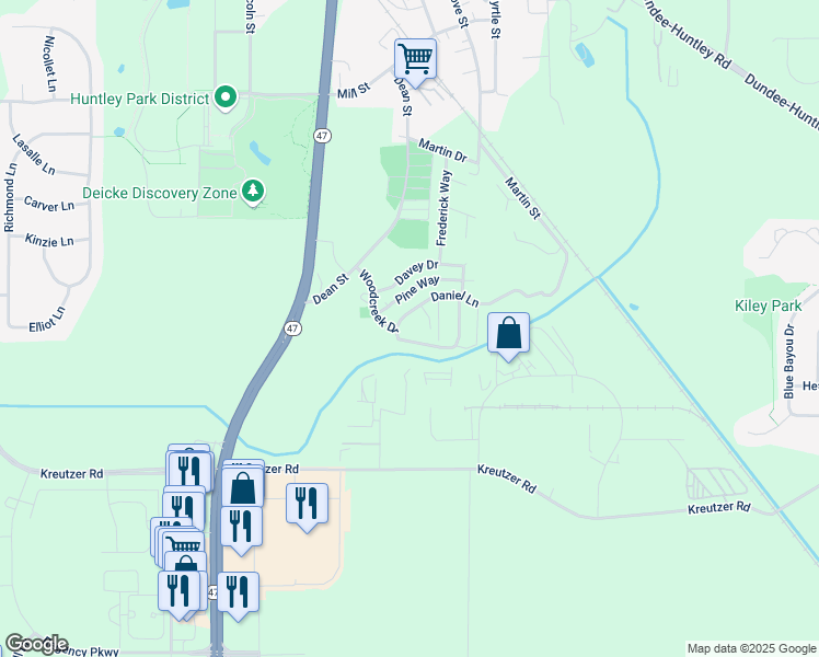 map of restaurants, bars, coffee shops, grocery stores, and more near 11709 Woodcreek Drive South in Huntley