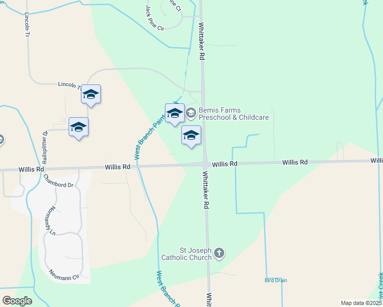 map of restaurants, bars, coffee shops, grocery stores, and more near 8970 Whittaker Road in Ypsilanti