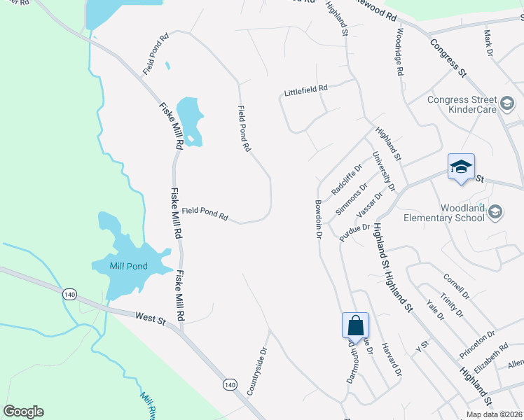 map of restaurants, bars, coffee shops, grocery stores, and more near 16 Field Pond Road in Milford