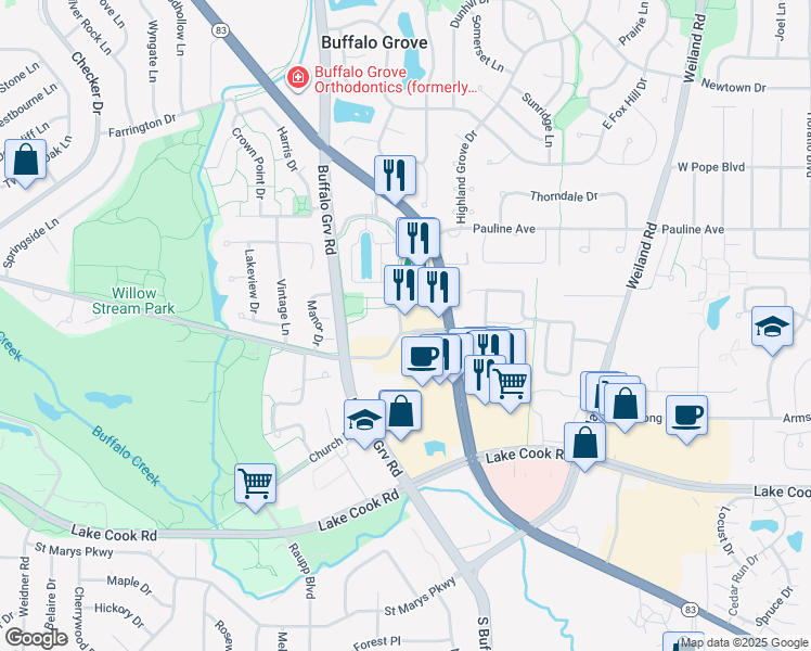 map of restaurants, bars, coffee shops, grocery stores, and more near in Buffalo Grove
