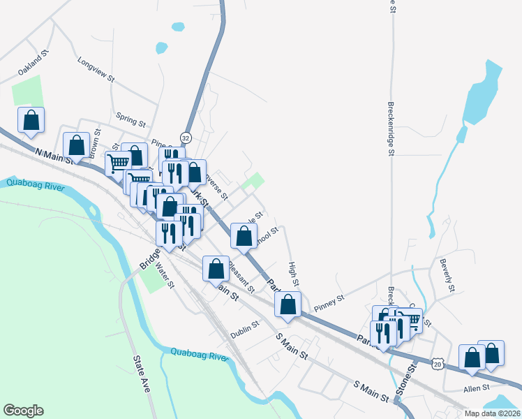 map of restaurants, bars, coffee shops, grocery stores, and more near 15 Grove Street in Palmer