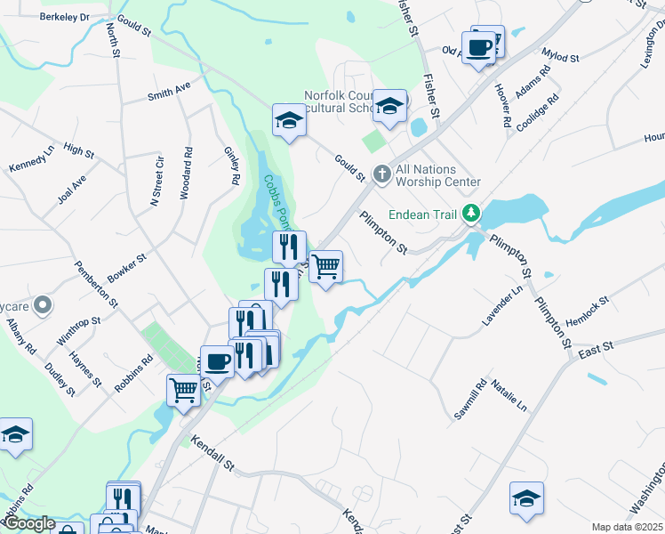 map of restaurants, bars, coffee shops, grocery stores, and more near 11-21 Sherwood Drive in Walpole