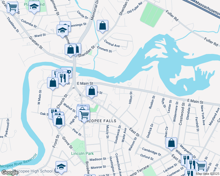 map of restaurants, bars, coffee shops, grocery stores, and more near 300 East Main Street in Chicopee