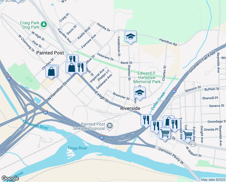 map of restaurants, bars, coffee shops, grocery stores, and more near 322 Bronson Street in Painted Post