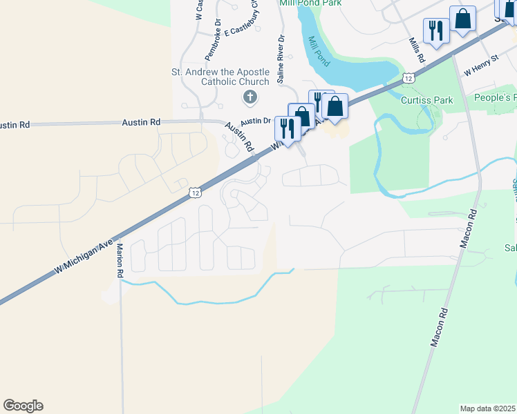 map of restaurants, bars, coffee shops, grocery stores, and more near 1701 Riversedge Drive in Saline