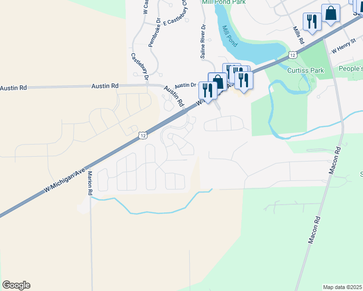 map of restaurants, bars, coffee shops, grocery stores, and more near 1701 Riversedge Drive in Saline