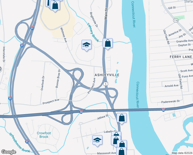 map of restaurants, bars, coffee shops, grocery stores, and more near 47 Prospect Avenue in West Springfield