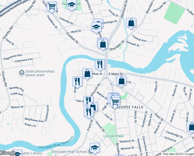 map of restaurants, bars, coffee shops, grocery stores, and more near 30 Church Street in Chicopee