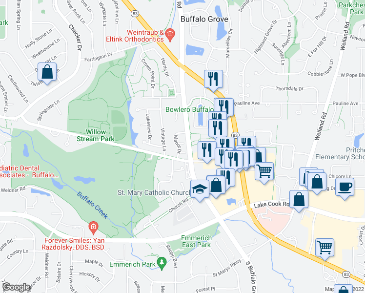 map of restaurants, bars, coffee shops, grocery stores, and more near 241 Manor Drive in Buffalo Grove