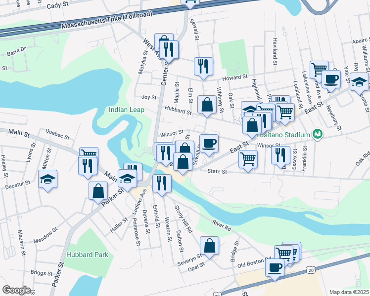 map of restaurants, bars, coffee shops, grocery stores, and more near 54 Chestnut Street in Ludlow