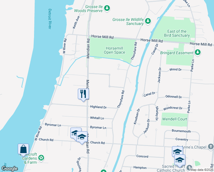 map of restaurants, bars, coffee shops, grocery stores, and more near 20866 Thorofare Road in Grosse Ile Township