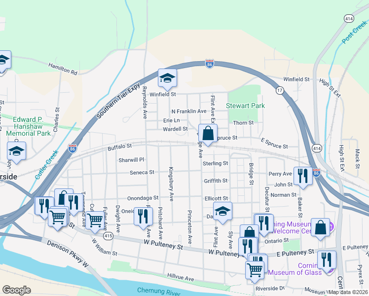 map of restaurants, bars, coffee shops, grocery stores, and more near 229-231 Princeton Avenue in Corning