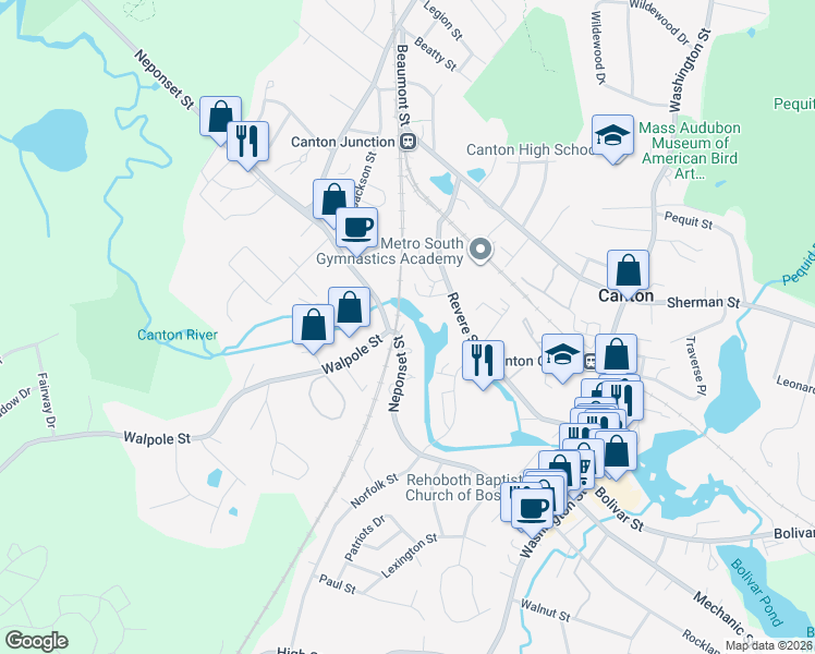 map of restaurants, bars, coffee shops, grocery stores, and more near in Canton