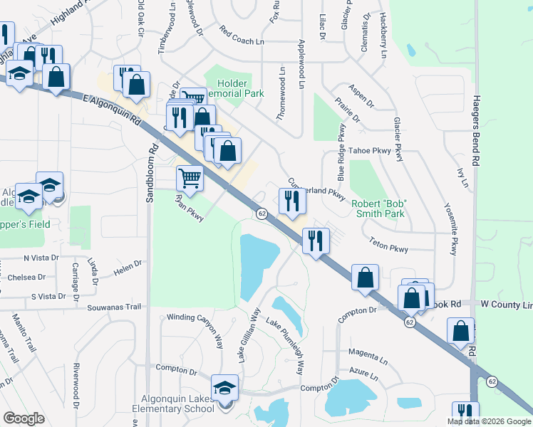 map of restaurants, bars, coffee shops, grocery stores, and more near East Algonquin Road in Algonquin