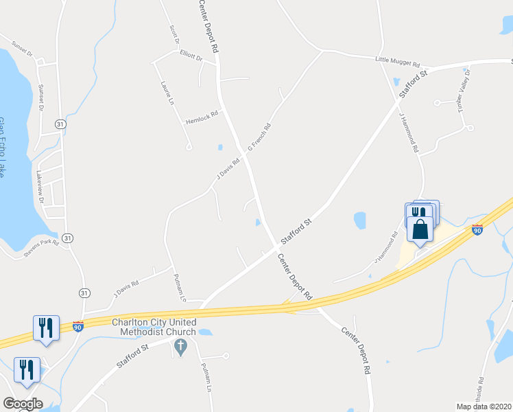 map of restaurants, bars, coffee shops, grocery stores, and more near 97 Center Depot Road in Charlton