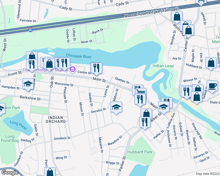 map of restaurants, bars, coffee shops, grocery stores, and more near 57 Lyons Street in Springfield