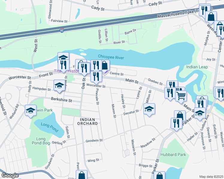 map of restaurants, bars, coffee shops, grocery stores, and more near 29 Moxon Street in Springfield