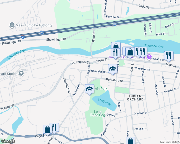 map of restaurants, bars, coffee shops, grocery stores, and more near 16 Holly Court in Springfield