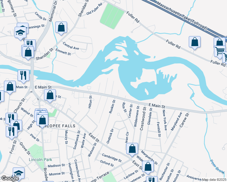 map of restaurants, bars, coffee shops, grocery stores, and more near 24 Sterling Street in Chicopee