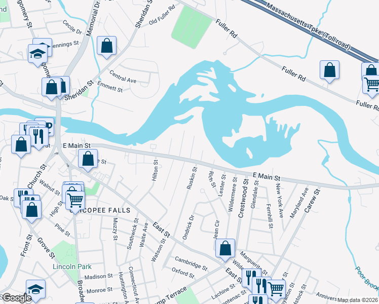 map of restaurants, bars, coffee shops, grocery stores, and more near 413 East Main Street in Chicopee