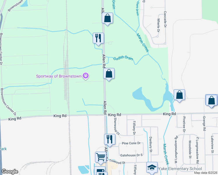 map of restaurants, bars, coffee shops, grocery stores, and more near 19865 Allen Road in Wayne County