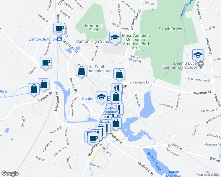map of restaurants, bars, coffee shops, grocery stores, and more near 38 Maple Street in Canton