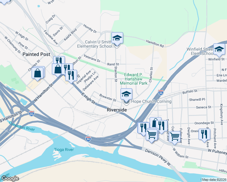 map of restaurants, bars, coffee shops, grocery stores, and more near 367 Brewster Street in Painted Post