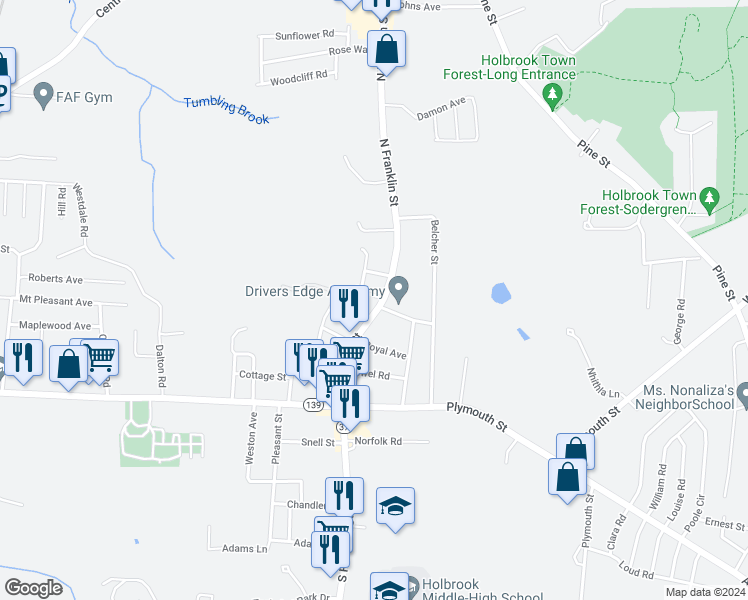 map of restaurants, bars, coffee shops, grocery stores, and more near 145 North Franklin Street in Holbrook