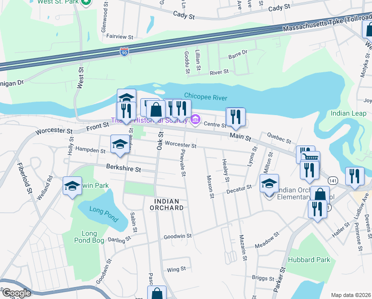 map of restaurants, bars, coffee shops, grocery stores, and more near 75 Pinevale Street in Springfield