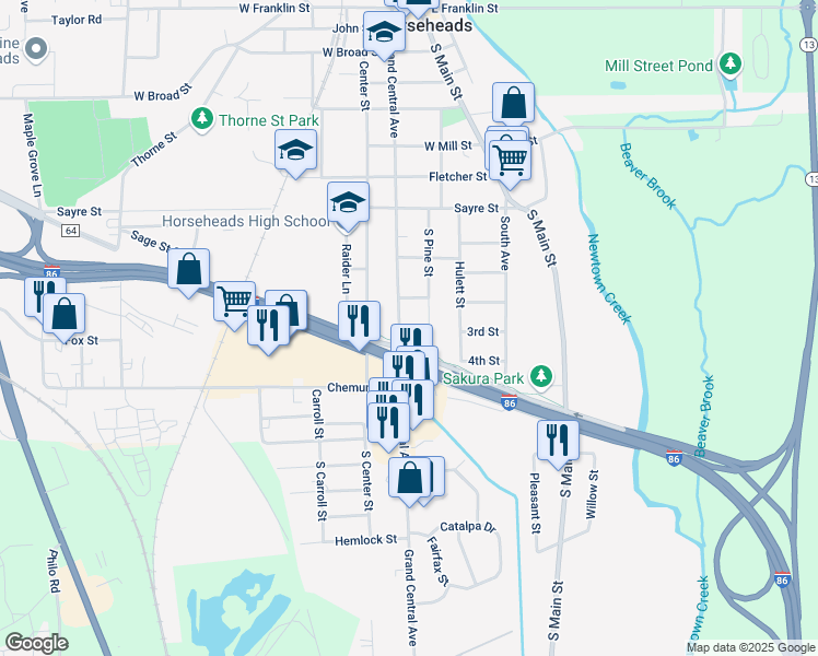 map of restaurants, bars, coffee shops, grocery stores, and more near Brickyard Ln in Horseheads