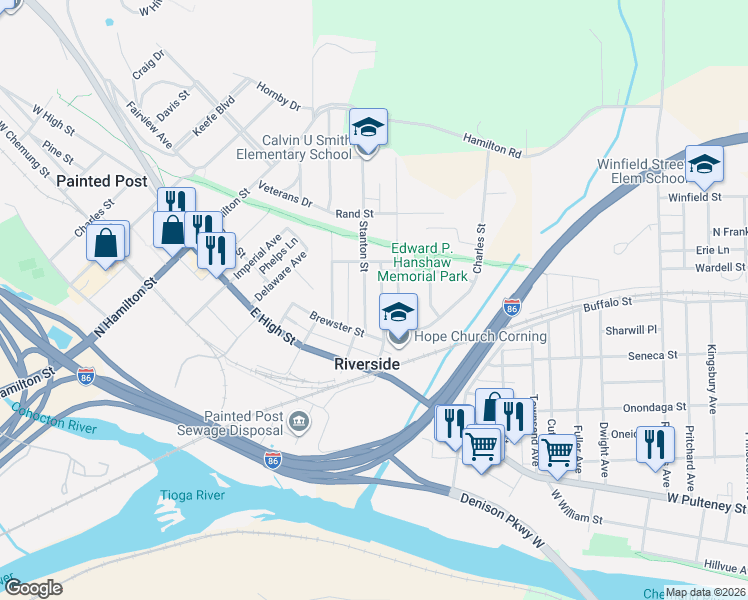 map of restaurants, bars, coffee shops, grocery stores, and more near 3 Charles Street in Painted Post
